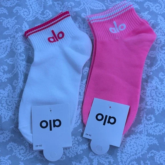 ALO Yoga Vibrant Pink and Classic White Athletic Socks - Picture 1 of 1